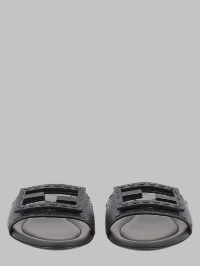 Fendi Baguette Mini Slide Sandals In 100% Calf Leather, 1 Cm Heel In Black