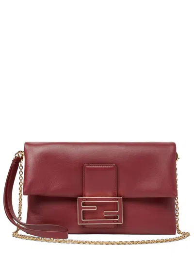 Fendi Nappa Leather Mamma Baguette Pouch With Chain In Burgundy