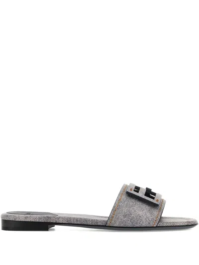 Fendi Women Printed Leather Baguette Slippers In Gray