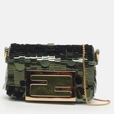 Pre-owned Fendi Baguette Nano Bag Charm And Keychain Green Sequin