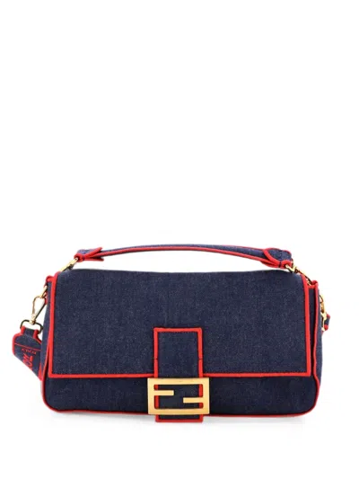 Pre-owned Fendi Baguette Nm Bag Denim Large Crossbody Bag In Blue
