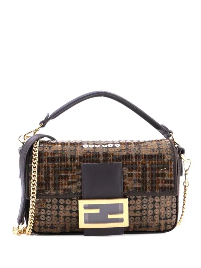 Pre-owned Fendi Baguette Nm Bag Sequin Embellished Zucca Canvas Mini Crossbody Bag In Brown