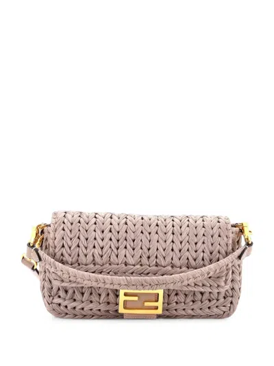 Pre-owned Fendi Baguette Nm Bag Woven Raffia Medium Shoulder Bag In Grey