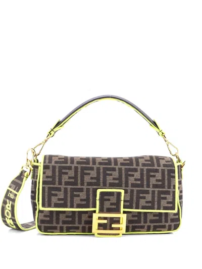Pre-owned Fendi Baguette Nm Bag Zucca Canvas Medium Shoulder Bag In Green