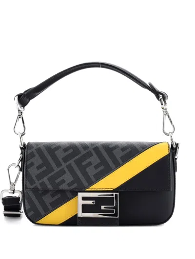Pre-owned Fendi Baguette Nm Bag Zucca Coated Canvas And Leather Mini Shoulder Bag In Black
