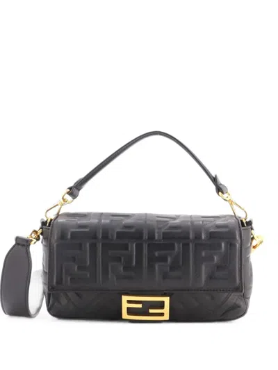 Pre-owned Fendi Baguette Nm Bag Zucca Embossed Leather Medium Crossbody Bag In Black