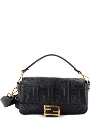 Pre-owned Fendi Baguette Nm Bag Zucca Embossed Leather Medium Crossbody Bag In Black