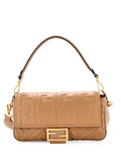 Pre-owned Fendi Baguette Nm Bag Zucca Embossed Leather Medium Crossbody Bag In Brown