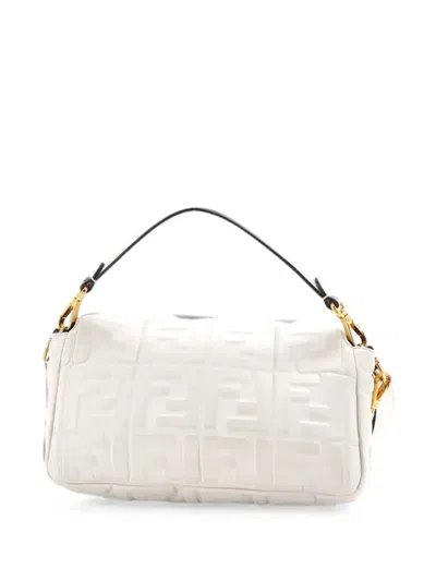 Pre-owned Fendi Baguette Nm Bag Zucca Embossed Leather Medium Crossbody Bag In White