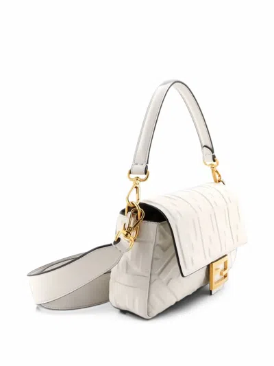 Pre-owned Fendi Baguette Nm Bag Zucca Embossed Leather Medium Crossbody Bag In White