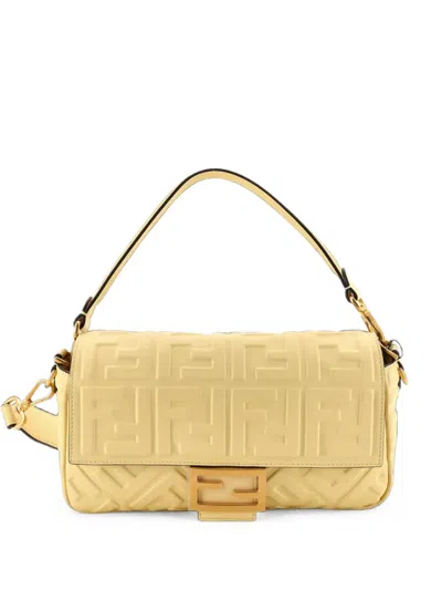 Pre-owned Fendi Baguette Nm Bag Zucca Embossed Leather Medium Crossbody Bag In Yellow