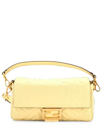 Pre-owned Fendi Baguette Nm Bag Zucca Embossed Leather Medium Crossbody Bag In Yellow