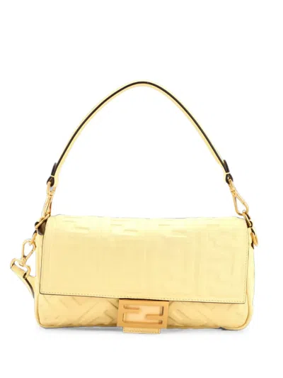 Pre-owned Fendi Baguette Nm Bag Zucca Embossed Leather Medium Crossbody Bag In Yellow