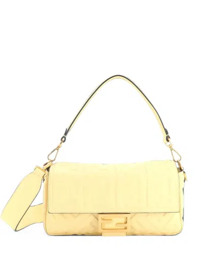 Pre-owned Fendi Baguette Nm Bag Zucca Embossed Leather Medium Crossbody Bag In Yellow