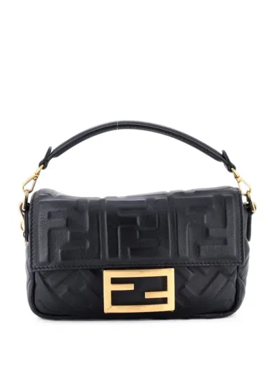 Pre-owned Fendi Baguette Nm Bag Zucca Embossed Leather Mini Crossbody Bag In Black