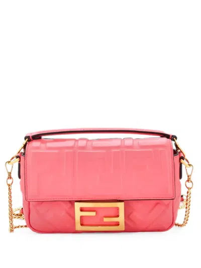 Pre-owned Fendi Baguette Nm Bag Zucca Embossed Leather Mini Crossbody Bag In Pink