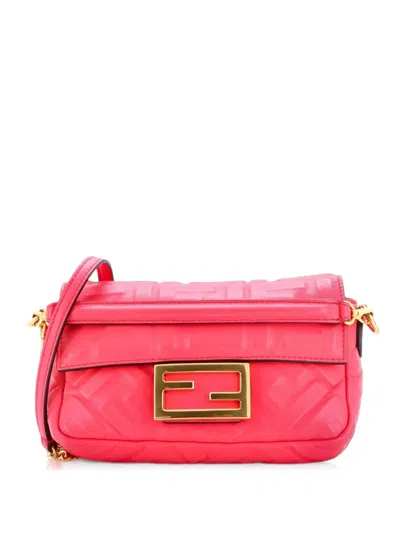 Pre-owned Fendi Baguette Nm Bag Zucca Embossed Leather Mini Crossbody Bag In Pink