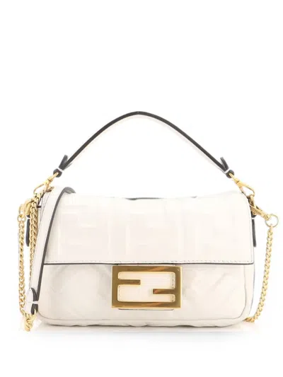 Pre-owned Fendi Baguette Nm Bag Zucca Embossed Leather Mini Crossbody Bag In White
