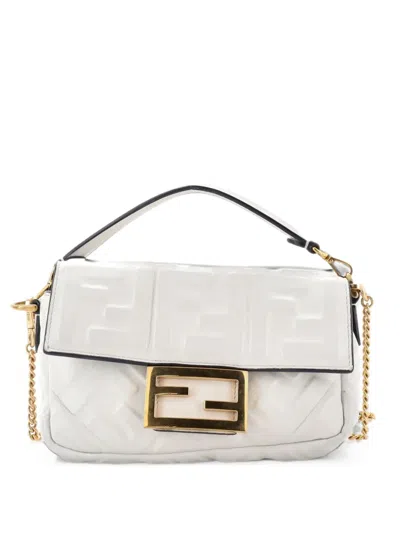 Pre-owned Fendi Baguette Nm Bag Zucca Embossed Leather Mini Crossbody Bag In White