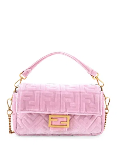 Pre-owned Fendi Baguette Nm Bag Zucca Embossed Velvet Medium Shoulder Bag In Pink