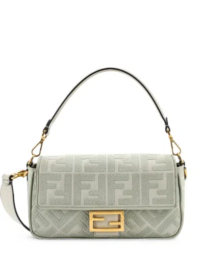 Pre-owned Fendi Baguette Nm Bag Zucca Embroidered Canvas Medium Shoulder Bag In Green