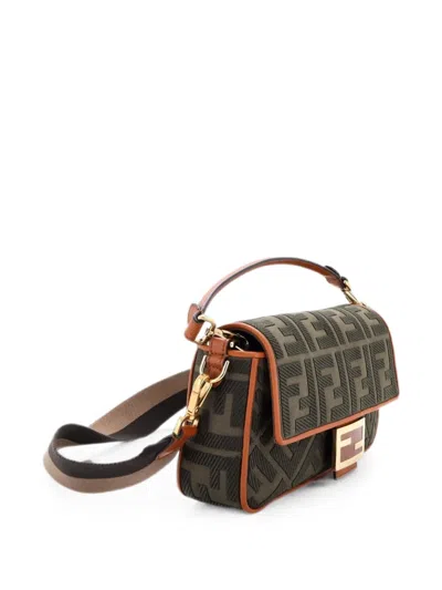 Pre-owned Fendi Baguette Nm Bag Zucca Embroidered Canvas Medium Shoulder Bag In Green
