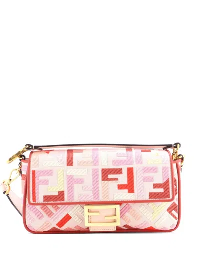 Pre-owned Fendi Baguette Nm Bag Zucca Embroidered Canvas Medium Shoulder Bag In Pink