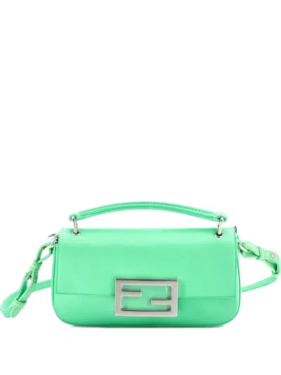 Pre-owned Fendi Baguette Phone Pouch Silk Satchel In Green