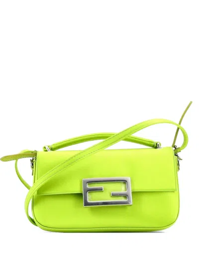 Pre-owned Fendi Baguette Phone Pouch Silk Satchel In Green