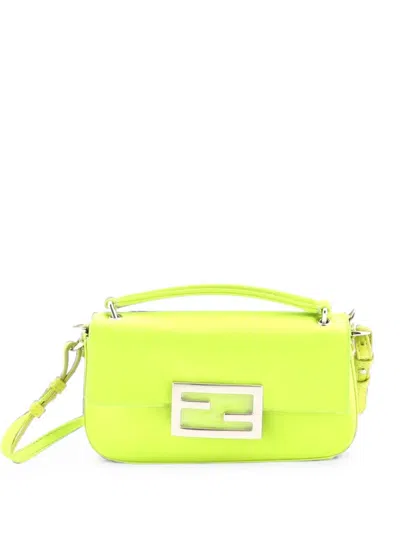 Pre-owned Fendi Baguette Phone Pouch Silk Satchel In Green