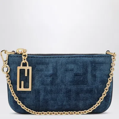 Fendi Baguette Pouch Mini In Blue Flocked Ff Denim Women