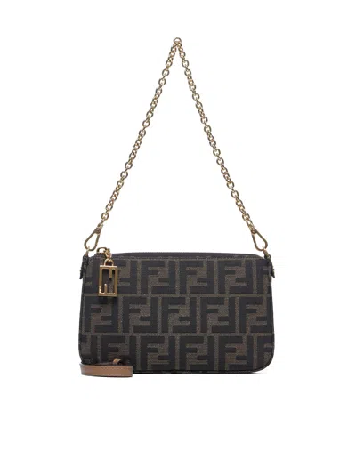 Fendi Baguette Pouch With Chain In Brown Ff Jacquard Fabric