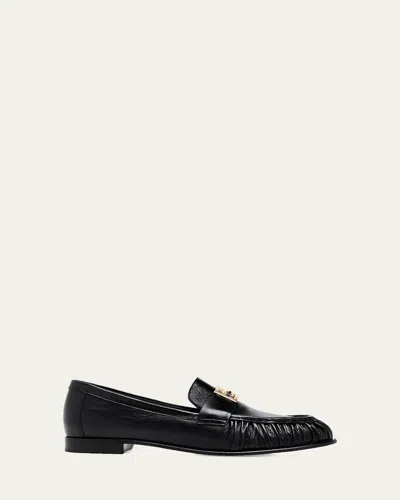 Fendi Baguette Ruched Leather Loafers In Black