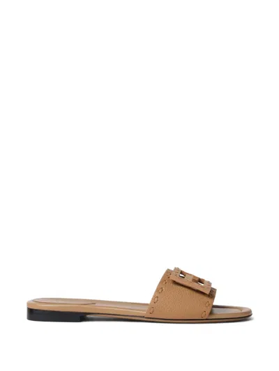 Fendi Baguette Ff Leather Buckle Flat Slide Sandals In Brown