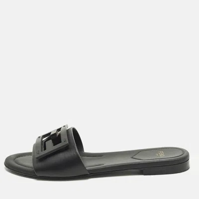 Pre-owned Fendi Baguette Size 37 Black Leather Flat Slide