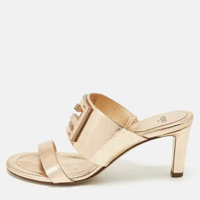 Pre-owned Fendi Baguette Size 37 Rose Gold Foil Leather Slide Sandals