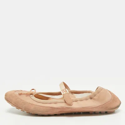 Pre-owned Fendi Baguette Size 38 Pink Mesh And Suede Bow Mary Jane Ballet Flats