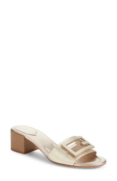 Fendi Platinum Laminated Leather Baguette Heeled Slide In Gold