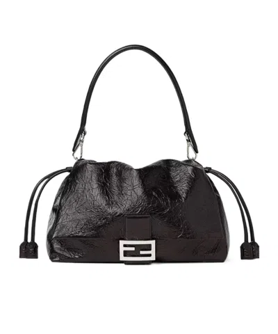Fendi Baguette Soft Large Crackled Black Leather Bag