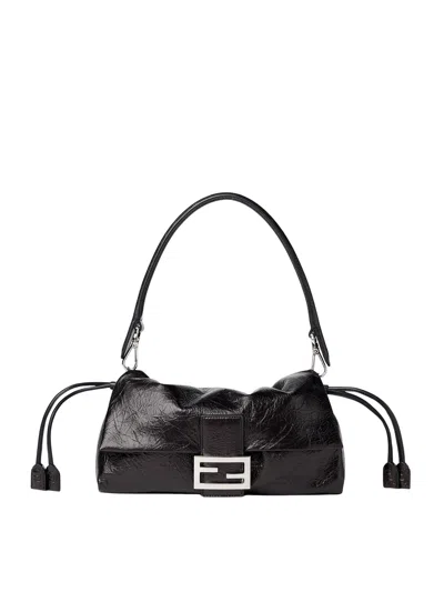 Fendi Baguette Soft Medium Crackled Black Leather Bag