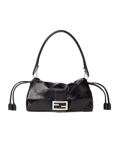 Fendi Baguette Soft Medium Crackled Black Leather Bag