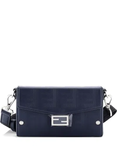 Pre-owned Fendi Baguette Soft Trunk Phone Pouch Zucca Embossed Leather Crossbody Bag In Blue