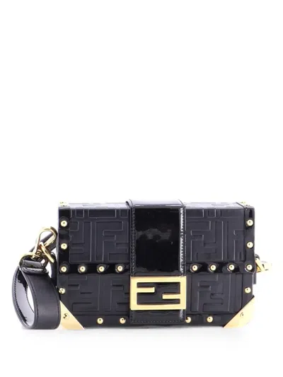 Pre-owned Fendi Baguette Trunk Bag Zucca Embossed Leather Mini Crossbody Bag In Black