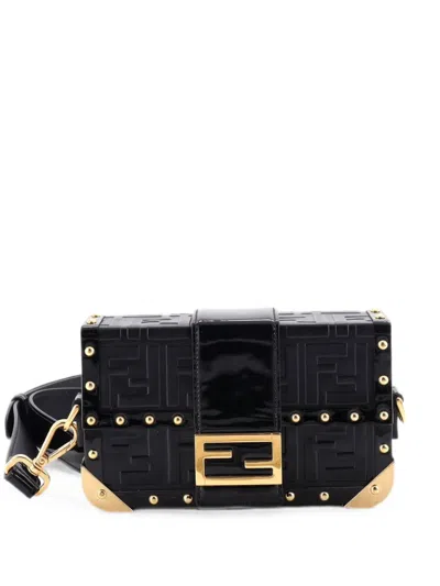 Pre-owned Fendi Baguette Trunk Bag Zucca Embossed Leather Mini Crossbody Bag In Black