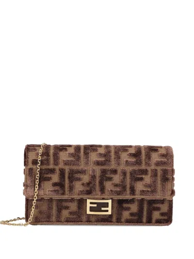 Fendi Baguette Velvet Wallet On Chain In Brown