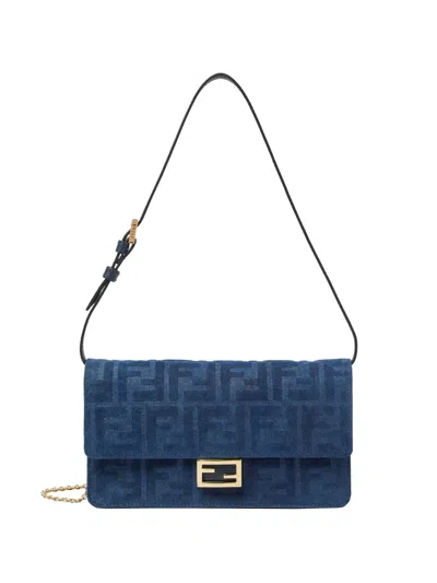 Fendi Women Wallet On Chain Baguette Shoulder Bag In Denim-effect Ff Corduroy In Multi