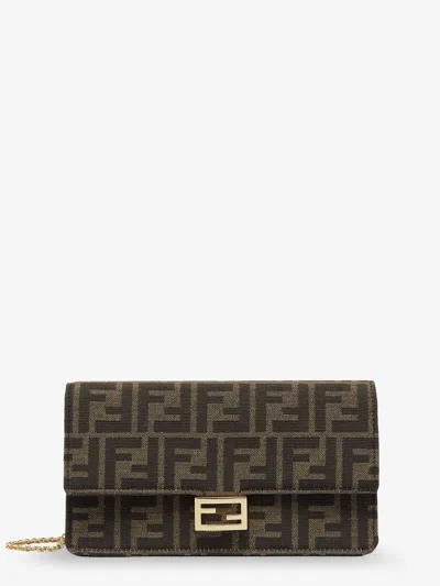 Fendi Baguette Wallet On Chain Ff Jacquard Fabric Shoulder Bag In Brown