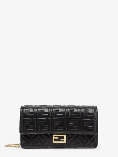 Fendi Baguette Wallet On Chain Leather Shoulder Bag With Ff Motif In Black
