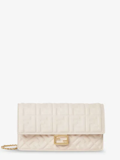 Fendi Baguette Wallet On Chain Leather Shoulder Bag With Ff Motif In White