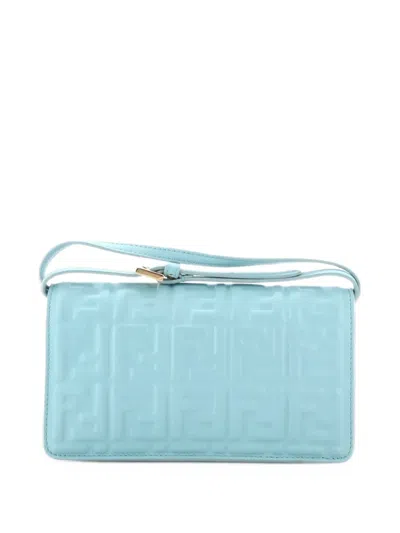 Pre-owned Fendi Baguette Wallet On Chain Zucca Embossed Leather Crossbody Bag In Blue